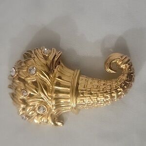 Vintage Monet Rhinestone Cornucopia Flowers Gold Tone